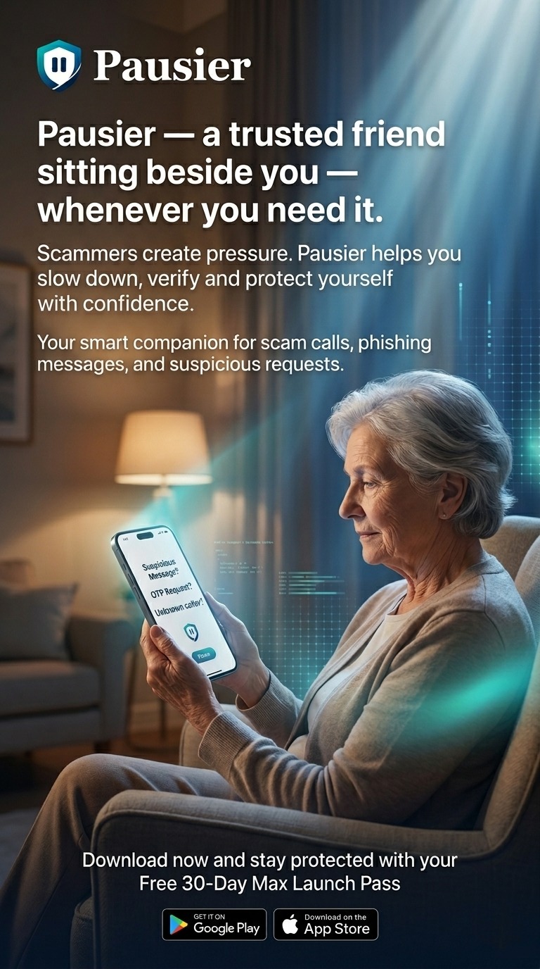 Pausier trusted friend launch banner showing a person pausing before acting on a suspicious message.